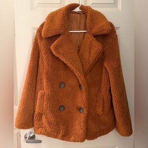 Free People Oversized Teddy/Sherpa Peacoat in Brown/Orange, XS